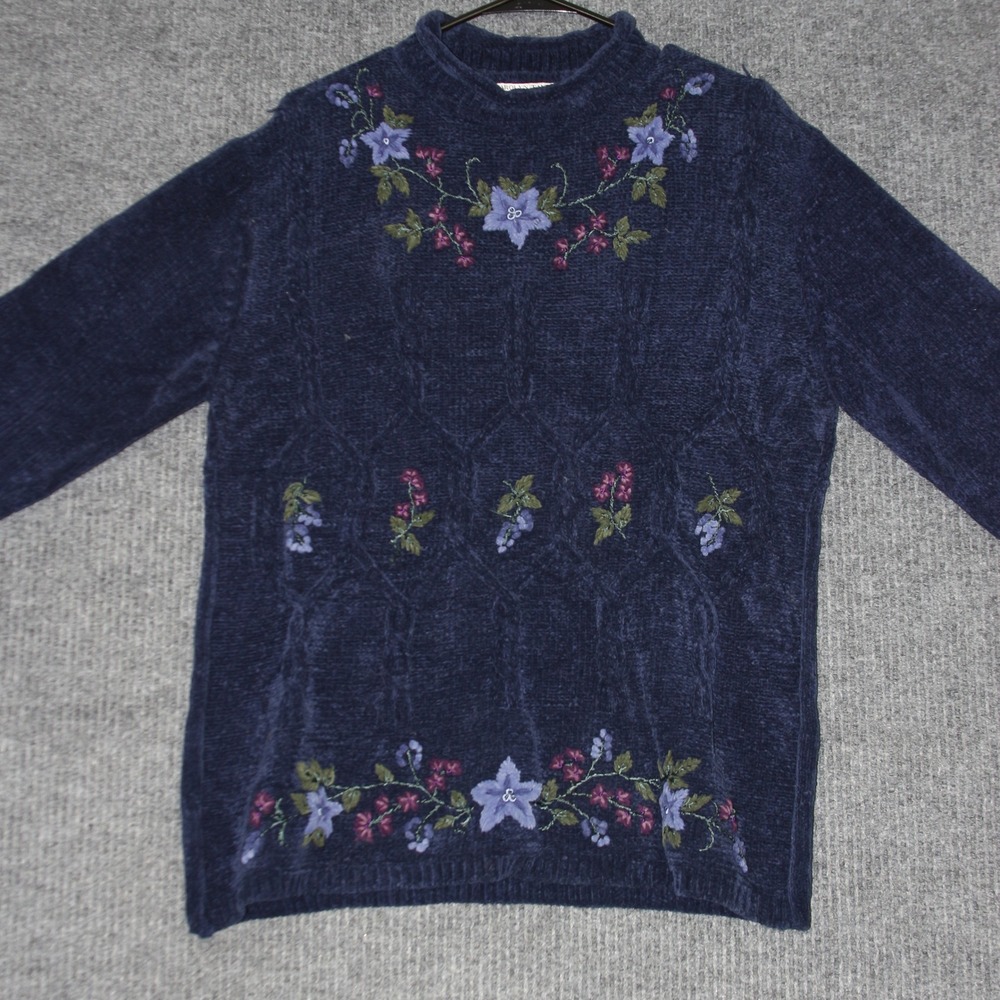 CAROLYN TAYLOR Sweater Womens S Navy Blue Floral Embroidered Mock Neck‎